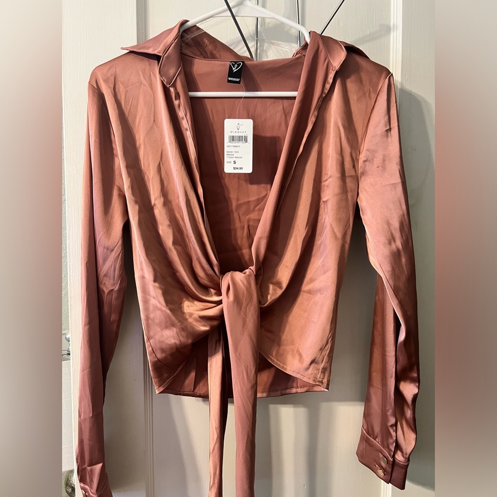 Pink Windsor Tie Satin Top